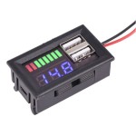 Digital voltmeter with blue LEDs and indicator, 12 V, charging 2 x USB 5V2A, 3 digit, 2 wires, black case